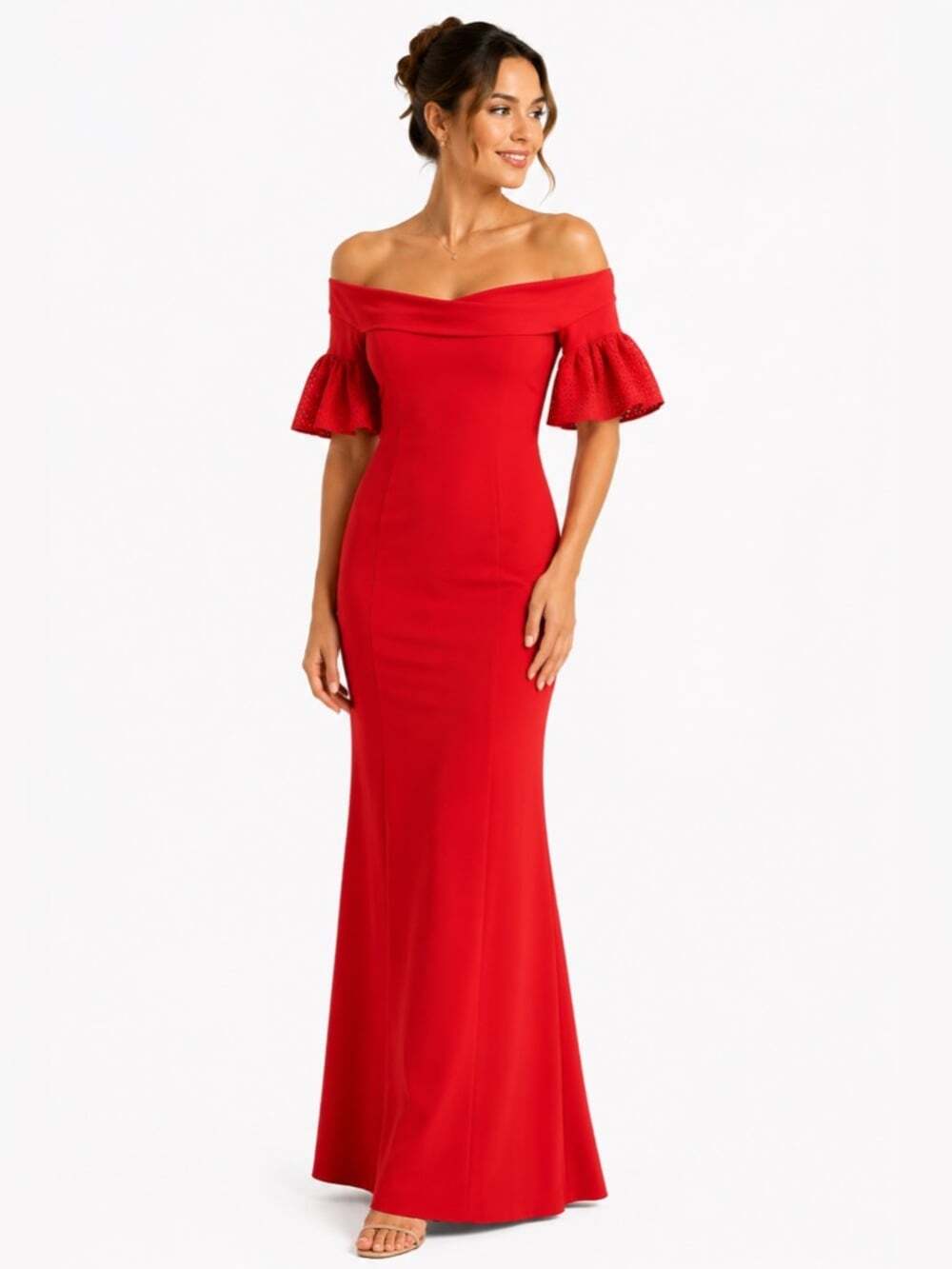 Chiara Boni Red Gown Off Shoulder Ruffle Sleeve Formal Maxi Dress Luxury Euro 44